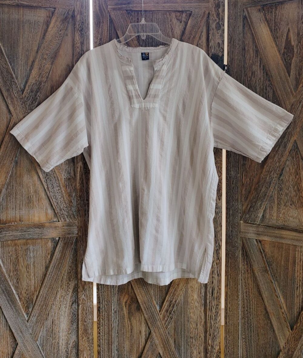 G&P Clothes Tunic Top Unisex Size XL Tan Ivory Striped Made In Greece Minimalist